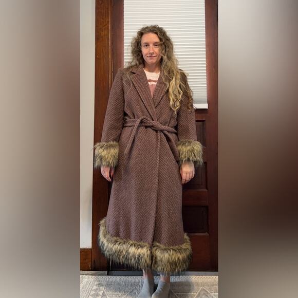 Vintage herringbone pattern 100% wool single button trench coat with tie waist - Picture 1 of 6